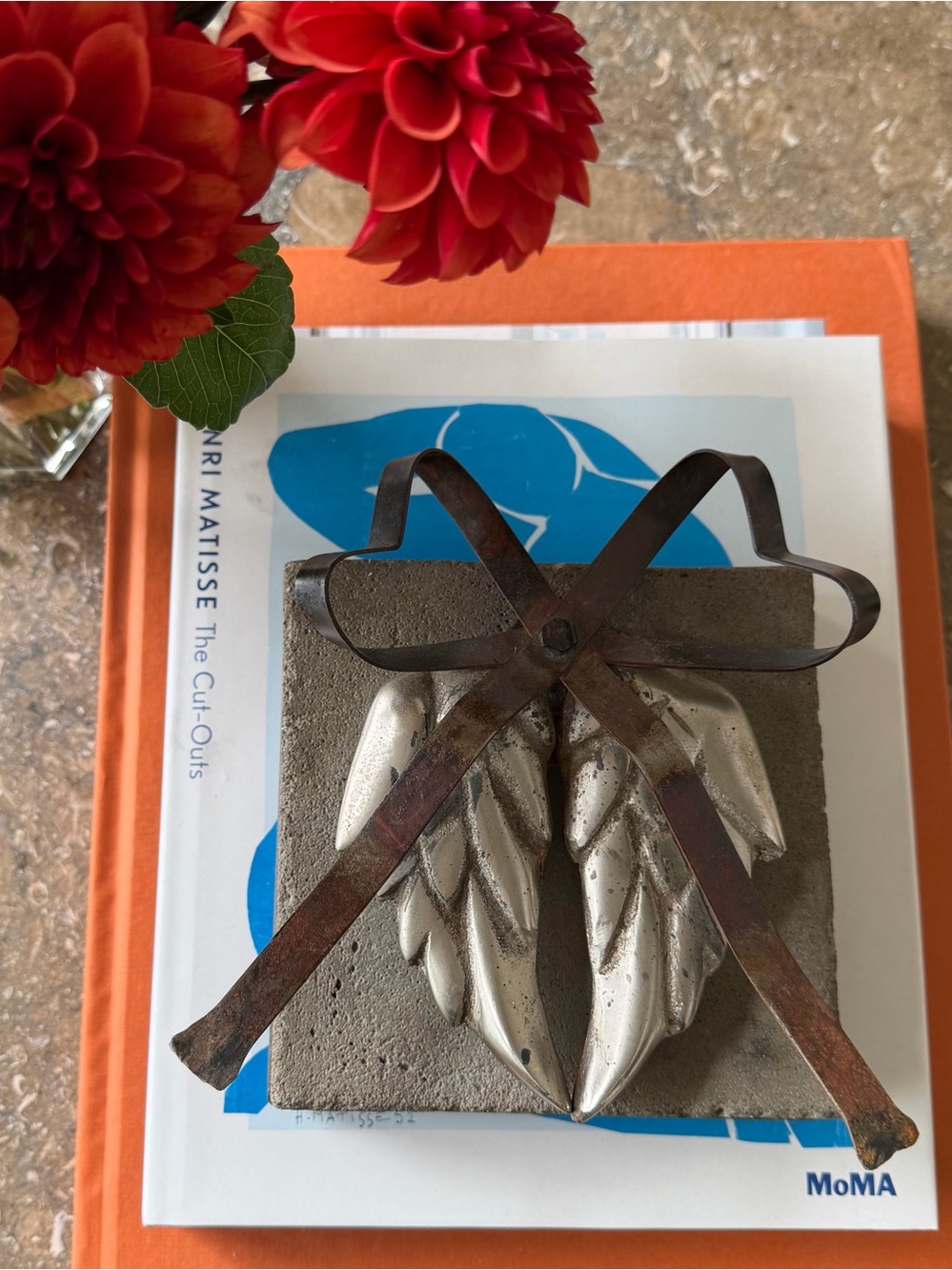 Jan Barboglio SILVER metal WINGS/ and CONCRETE BLOCK, RUST accents